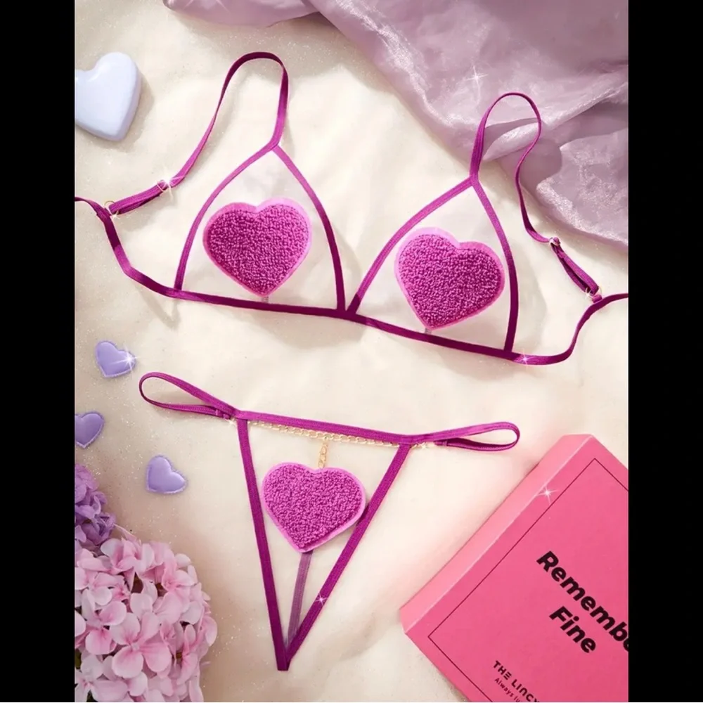 Magenta, Embroidered Heart, Lingerie Set